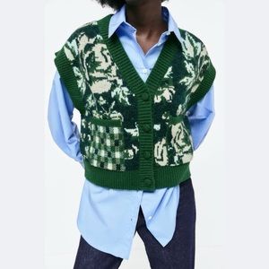 Zara Jacquard Green Floral Knit Vest 